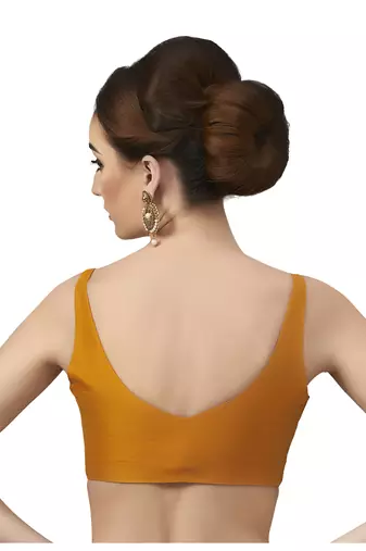 Mustard Silk Sleeveless Saree Blouse with V Neckline