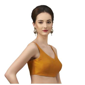 Mustard Silk Sleeveless Saree Blouse with V Neckline 3