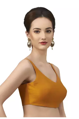 Mustard Silk Sleeveless Saree Blouse with V Neckline