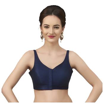 Navy Blue Silk Sleeveless Saree Blouse with V Neckline 1