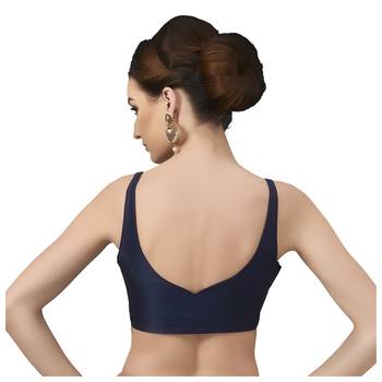 Navy Blue Silk Sleeveless Saree Blouse with V Neckline 2