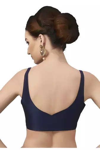 Navy Blue Silk Sleeveless Saree Blouse with V Neckline