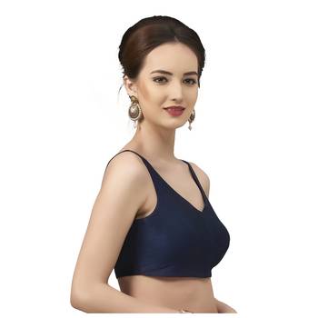 Navy Blue Silk Sleeveless Saree Blouse with V Neckline 3