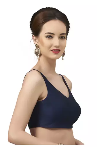 Navy Blue Silk Sleeveless Saree Blouse with V Neckline