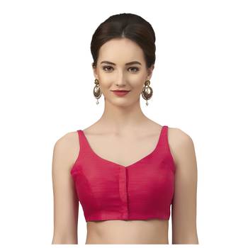 Rani Pink Silk Sleeveless Saree Blouse with V Neckline 1