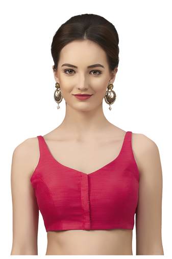 Rani Pink Silk Sleeveless Saree Blouse with V Neckline