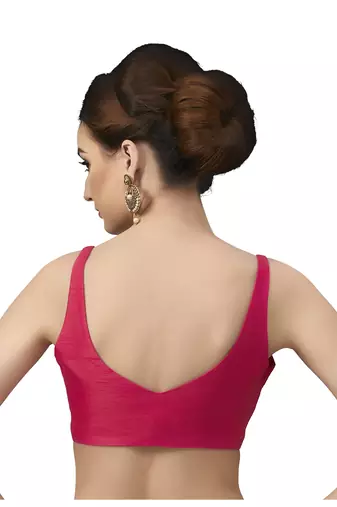 Rani Pink Silk Sleeveless Saree Blouse with V Neckline