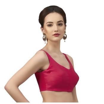 Rani Pink Silk Sleeveless Saree Blouse with V Neckline 3