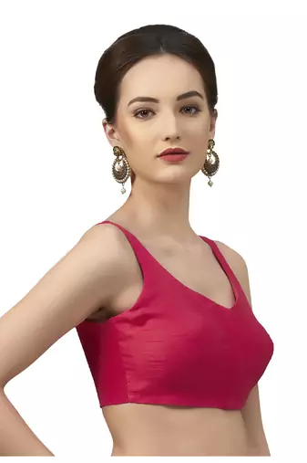 Rani Pink Silk Sleeveless Saree Blouse with V Neckline