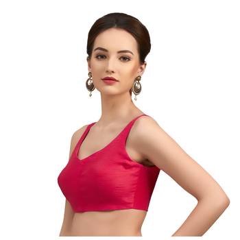 Rani Pink Silk Sleeveless Saree Blouse with V Neckline 4