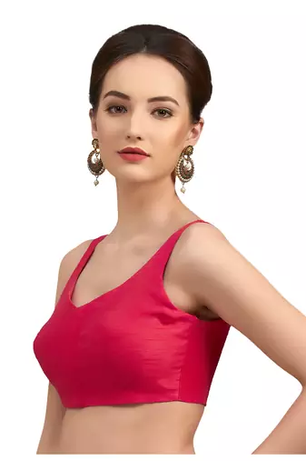 Rani Pink Silk Sleeveless Saree Blouse with V Neckline