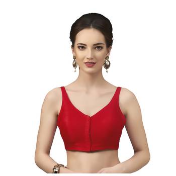 Red Silk Sleeveless Saree Blouse with V Neckline 1
