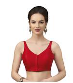 Red Silk Sleeveless Saree Blouse with V Neckline