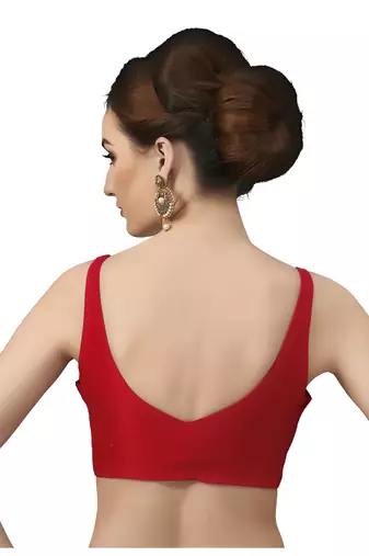 Red Silk Sleeveless Saree Blouse with V Neckline