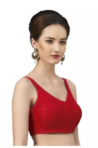 Red Silk Sleeveless Saree Blouse with V Neckline