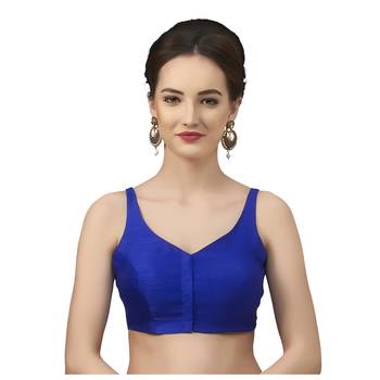 Royal Blue Silk Sleeveless Saree Blouse with V Neckline 1