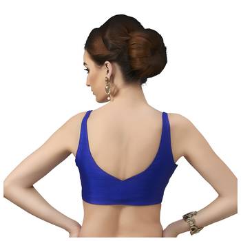 Royal Blue Silk Sleeveless Saree Blouse with V Neckline 2