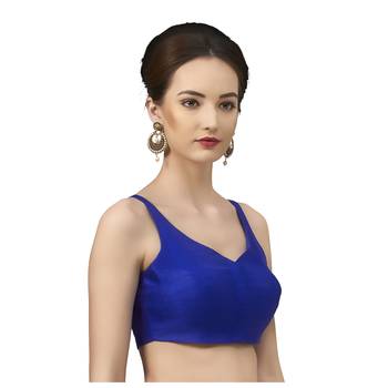 Royal Blue Silk Sleeveless Saree Blouse with V Neckline 3