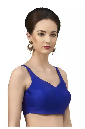 Royal Blue Silk Sleeveless Saree Blouse with V Neckline