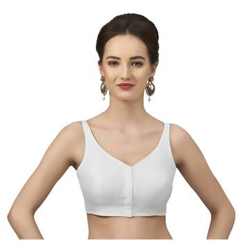 White Silk Sleeveless Saree Blouse with V Neckline 1