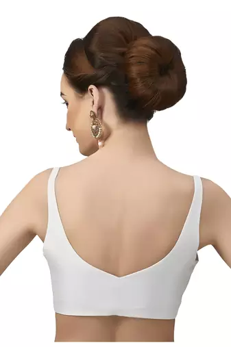 White Silk Sleeveless Saree Blouse with V Neckline