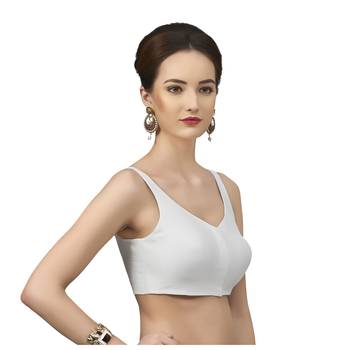 White Silk Sleeveless Saree Blouse with V Neckline 3