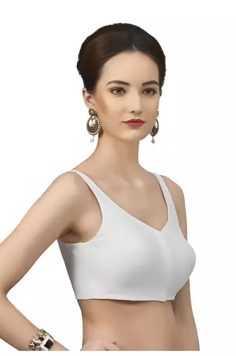 White Silk Sleeveless Saree Blouse with V Neckline