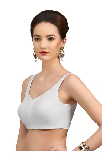 White Silk Sleeveless Saree Blouse with V Neckline
