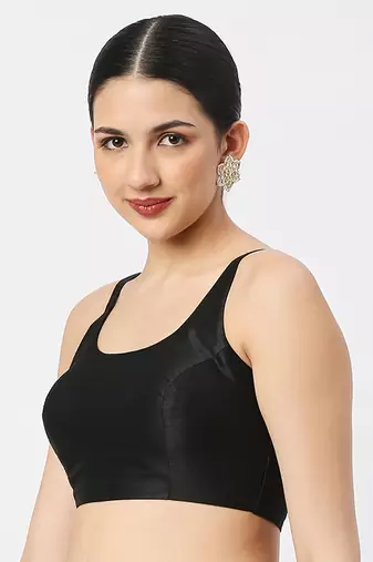 Black Silk Sleeveless Saree Blouse with U Neckline
