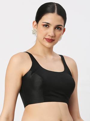 Black Silk Sleeveless Saree Blouse with U Neckline 3