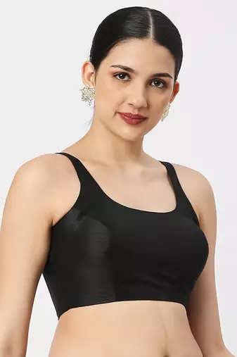Black Silk Sleeveless Saree Blouse with U Neckline