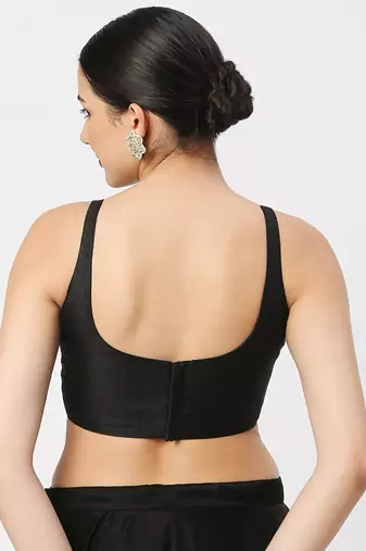 Black Silk Sleeveless Saree Blouse with U Neckline