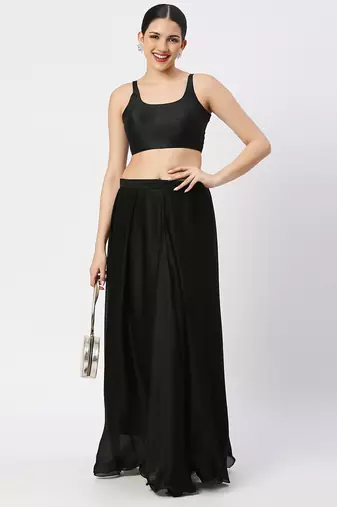Black Silk Sleeveless Saree Blouse with U Neckline