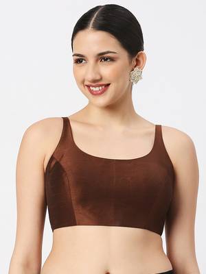 Brown Silk Sleeveless Saree Blouse with U Neckline 1