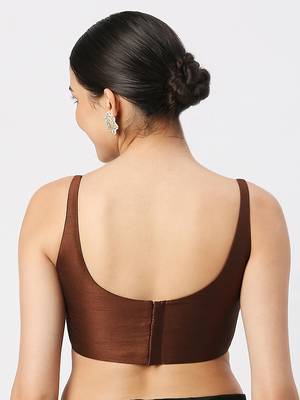 Brown Silk Sleeveless Saree Blouse with U Neckline 2