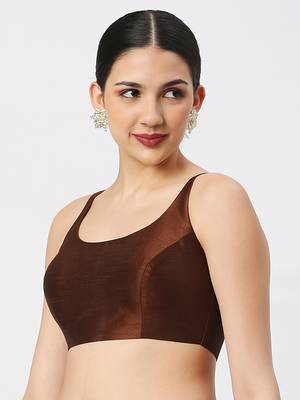 Brown Silk Sleeveless Saree Blouse with U Neckline 3