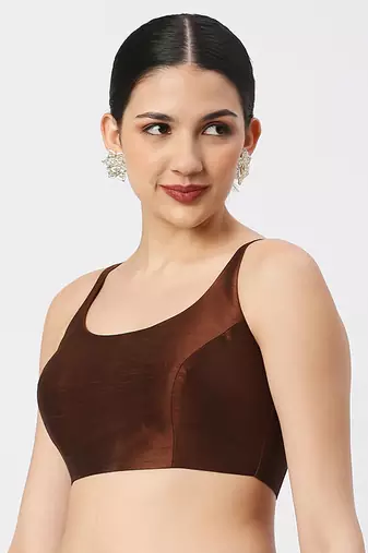 Brown Silk Sleeveless Saree Blouse with U Neckline