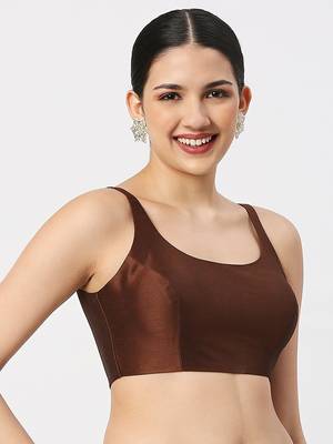 Brown Silk Sleeveless Saree Blouse with U Neckline 4