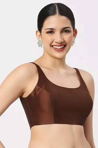 Brown Silk Sleeveless Saree Blouse with U Neckline