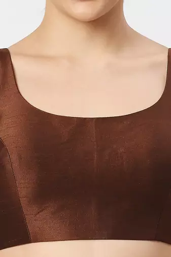 Brown Silk Sleeveless Saree Blouse with U Neckline