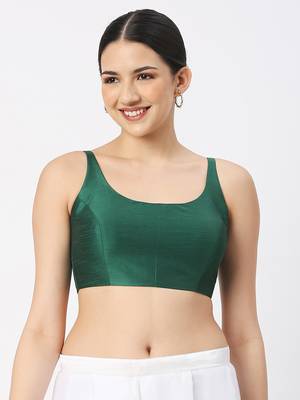 Dark Green Silk Sleeveless Saree Blouse with U Neckline 1