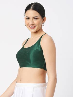 Dark Green Silk Sleeveless Saree Blouse with U Neckline 2