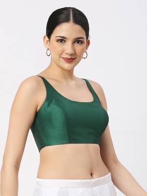 Dark Green Silk Sleeveless Saree Blouse with U Neckline 3