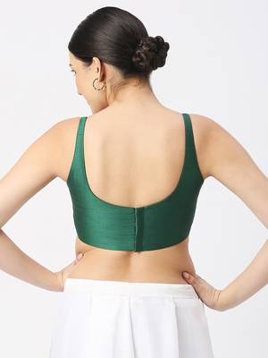 Dark Green Silk Sleeveless Saree Blouse with U Neckline 4
