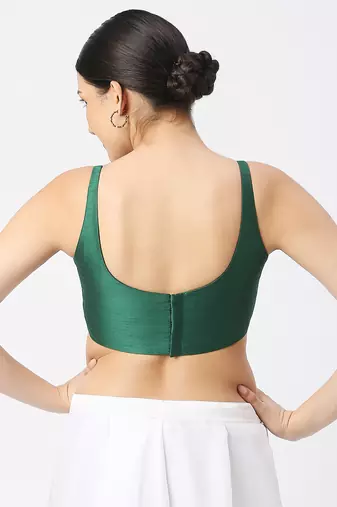 Dark Green Silk Sleeveless Saree Blouse with U Neckline