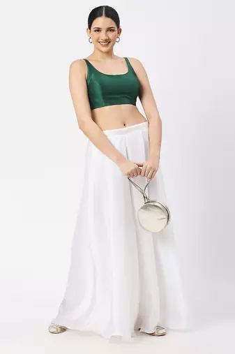 Dark Green Silk Sleeveless Saree Blouse with U Neckline