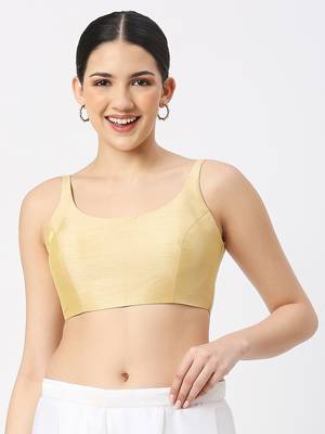 Gold Silk Sleeveless Saree Blouse with U Neckline 1