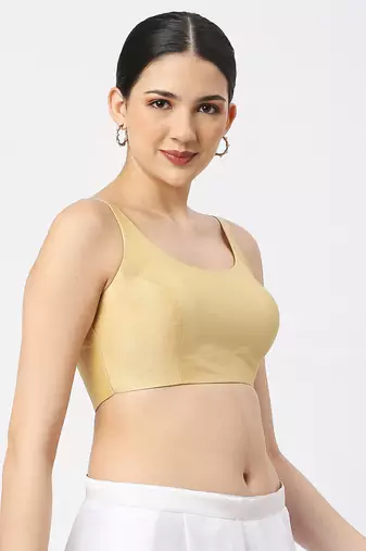Gold Silk Sleeveless Saree Blouse with U Neckline