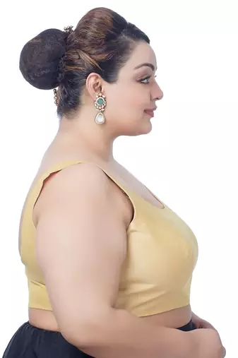 Gold Silk Sleeveless Saree Blouse with U Neckline
