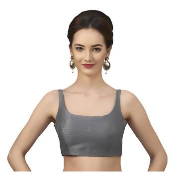 Grey Silk Sleeveless Saree Blouse with U Neckline 1